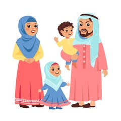 Muslim family portrait. Arabic people, mother and father with funny children in traditional national clothes, daughter and son. Islamic ethnic culture, vector cartoon flat isolated set