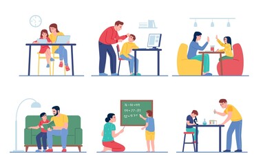 Parents children learning. Home school with family. Happy girls and boys doing homework with mom and dad, father and mother help kids with lessons, vector cartoon flat isolated set