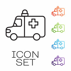 Black line Ambulance and emergency car icon isolated on white background. Ambulance vehicle medical evacuation. Set icons colorful. Vector