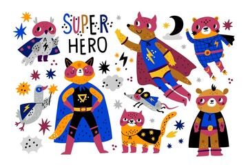 Obraz na płótnie Canvas Super animals. Childish funny characters, heroes in bright heroic costumes, capes and masks, comic outfits. Little goose, owl and mouse, cat and fox, vector cartoon flat isolated set