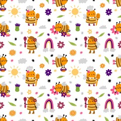 Seamless pattern honey bees. Cute little bee with wooden honey spoon, basket with flowers and kids funny rainbows, summer print. Vector decor textile, wrapping or digital paper