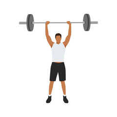 an athlete weightlifter performs a sports exercise overhead press with a barbell, in a graphic flat illustration