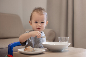child boy 2 years old eating porridge from a plate with a spoon, independent food