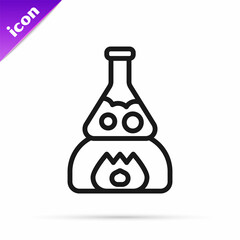 Black line Glass test tube flask on fire heater experiment icon isolated on white background. Laboratory equipment. Vector
