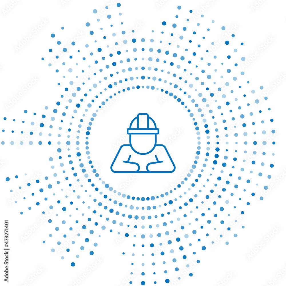 Poster Blue line Builder icon isolated on white background. Construction worker. Abstract circle random dots. Vector