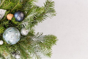 christmas and new year decorations on white background, flat lay, top view