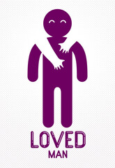 Beloved man with care hands of a lover woman hugging and caresses his shoulders, vector icon logo or illustration in simplistic symbolic style.