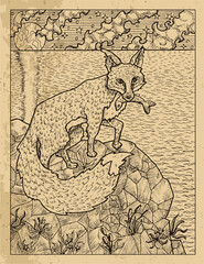 Old textured illustration of hunting fox holding fish against the background of sea and clouds.