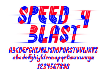 Speed blast sport style font, vector geometric futuristic alphabet, numbers included, 90s style technology typeface, useful for logo creation.