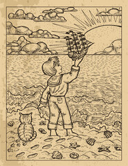 Old textured illustration of little boy standing on a seashore and holding handmade sailboat against rising sun.