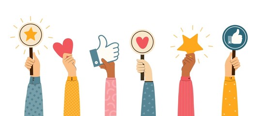 People give review rating and feedback. Hands different skin colors vote. Likes, hearts, thumbs up button, positive and approve signs, rating Icons. Customer choice. Colored flat illustration - obrazy, fototapety, plakaty