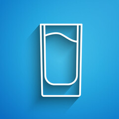 White line Shot glass icon isolated on blue background. Long shadow. Vector