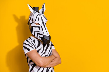 Photo of serious confident man wear zebra print t-shirt mask arms crossed empty space isolated yellow color background