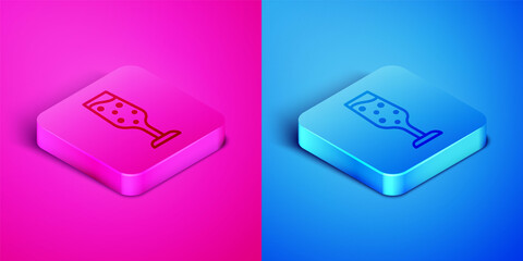 Isometric line Glass of champagne icon isolated on pink and blue background. Square button. Vector