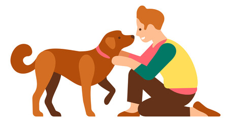 Man put collar on dog. Volunteer caring about homeless animal