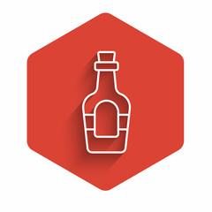 White line Alcohol drink Rum bottle icon isolated with long shadow background. Red hexagon button. Vector