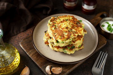 Homemade potato pancakes with cottage cheese and green onions in a ceramic plate on a dark background. A traditional dish of European cuisine from vegetables in close-up