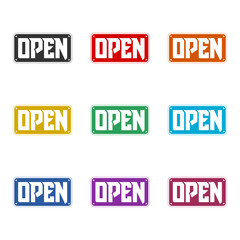 Hanging sign with text Open door icon isolated on white background, color set