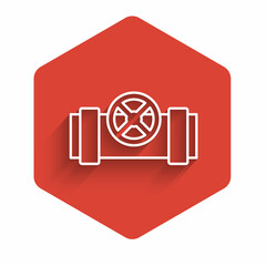 White line Industry metallic pipes and valve icon isolated with long shadow background. Red hexagon button. Vector