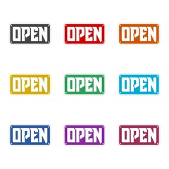 Hanging sign with text Open door icon isolated on white background, color set