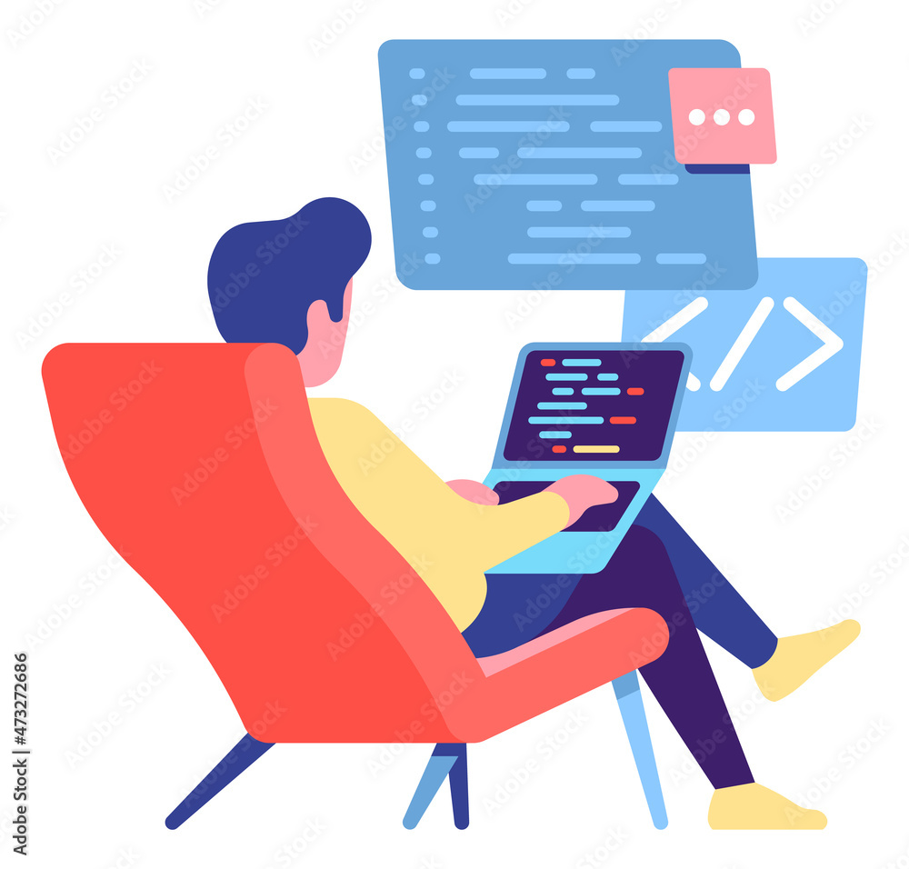 Poster developer working from home. man sitting on chair and coding on laptop