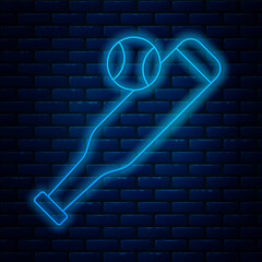 Glowing neon line Baseball bat with ball icon isolated on brick wall background. Vector