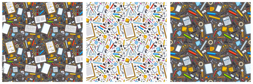 Poster work office desk top view with a lot of different stationery elements seamless vector wallpaper set,