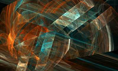 Vivid colorful multilayered cubist 3d composition of glossy shards exploding on speed in deep dark space. Creative artistic canvas in red blue orange glowing hues. Great as artwork, print, cover.