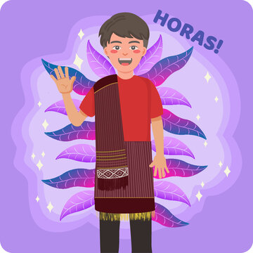 Boy in traditional costume with purple and leaves background vector illustration