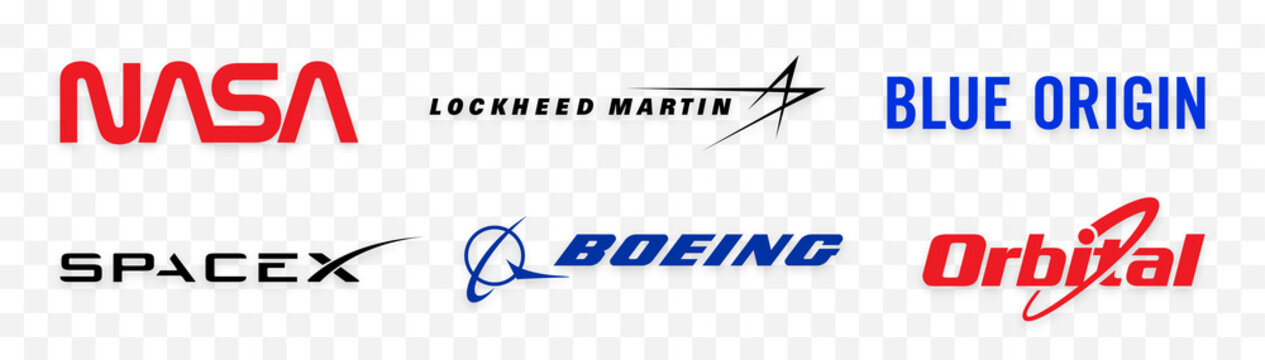 Space companies logo vector set : Nasa, SpaceX, Blue-Origin, Lockheed-Martin, Boeing, Orbital. Private spaceflight and governmental company logotype. Editorial vector illustration.