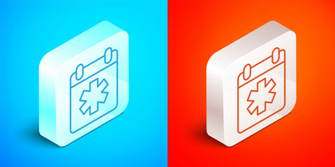 Isometric line Doctor appointment icon isolated on blue and red background. Calendar, planning board, agenda, consultation doctor. Silver square button. Vector