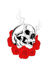 skull head with rose hand drawing