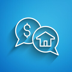 White line Real estate business concept with speech bubbles icon isolated on blue background. Long shadow. Vector