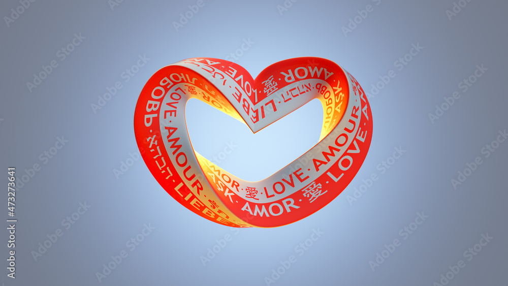 Poster twisted heart shape with love text in different languages 3d render