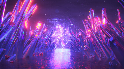 Sci-fi pathway with cosmic crystal minerals 3D rendering - 473273644