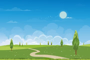 Poster Spring green fields landscape with mountain, blue sky and clouds background,Panorama peaceful rural nature in springtime with green grass land. Cartoon vector illustration for spring and summer banner © Anchalee