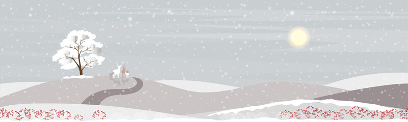 Panoramic of winter landscape,Vector illustration horizontal banner of winterwonderland with reindeer family and snowing at nihgt, Cute cartoon Greeting card for  Christmas and New Year background