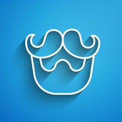 White line Mustache and beard icon isolated on blue background. Barbershop symbol. Facial hair style. Long shadow. Vector