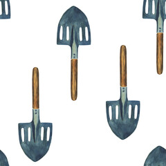 Seamless pattern of blue Shovel on white background. Watercolor hand drawing illustration. Perfect for textile, garden design, backdrop.