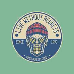 retro label of skull wearing beanie hat, this cool image is suitable for rapper music club logos or for extreme sport logo like skateboard, bmx, etc, can be used t-shirt or merchandise design - obrazy, fototapety, plakaty