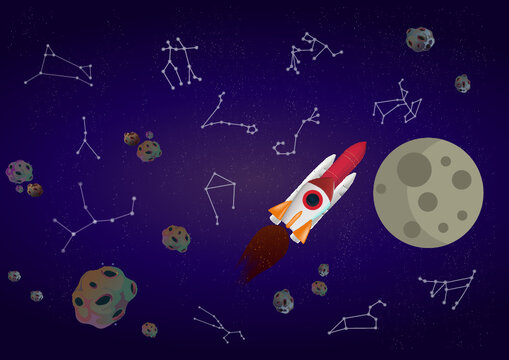 rocket and space shuttle on the moon with zodiac constellations vector illustration