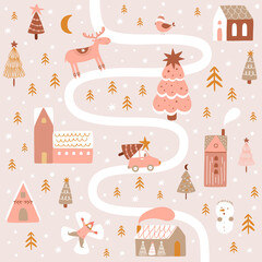 Pink Christmas outdoor poster. Christmas map. New Year landscape with road, car, Christmas tree, houses, deer, snowman, nature. Magical winter outdoor scene. Winter holidays vector illustration.