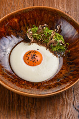 Fine dining, poached egg with mushrooms