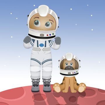 illustration of baby astronaut with puppy