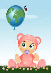 illustration of baby girl with balloon in the shape of the world