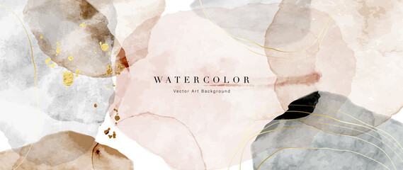 Watercolor art background vector. Wallpaper design with paint brush and gold line art. Earth tone blue, pink, ivory, beige watercolor Illustration for prints, wall art, cover and invitation cards. © TWINS DESIGN STUDIO