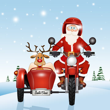illustration of Santa Claus on sidecar brings gifts