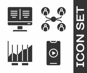 Set Online play video, Online book on monitor, Pie chart infographic and Online class icon. Vector