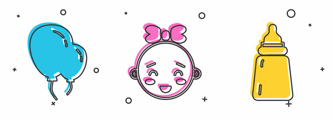 Set Balloons with ribbon, Happy little girl head and Baby bottle icon. Vector