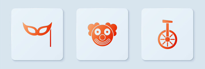 Set Clown head, Festive mask and Unicycle or one wheel bicycle. White square button. Vector © Oksana